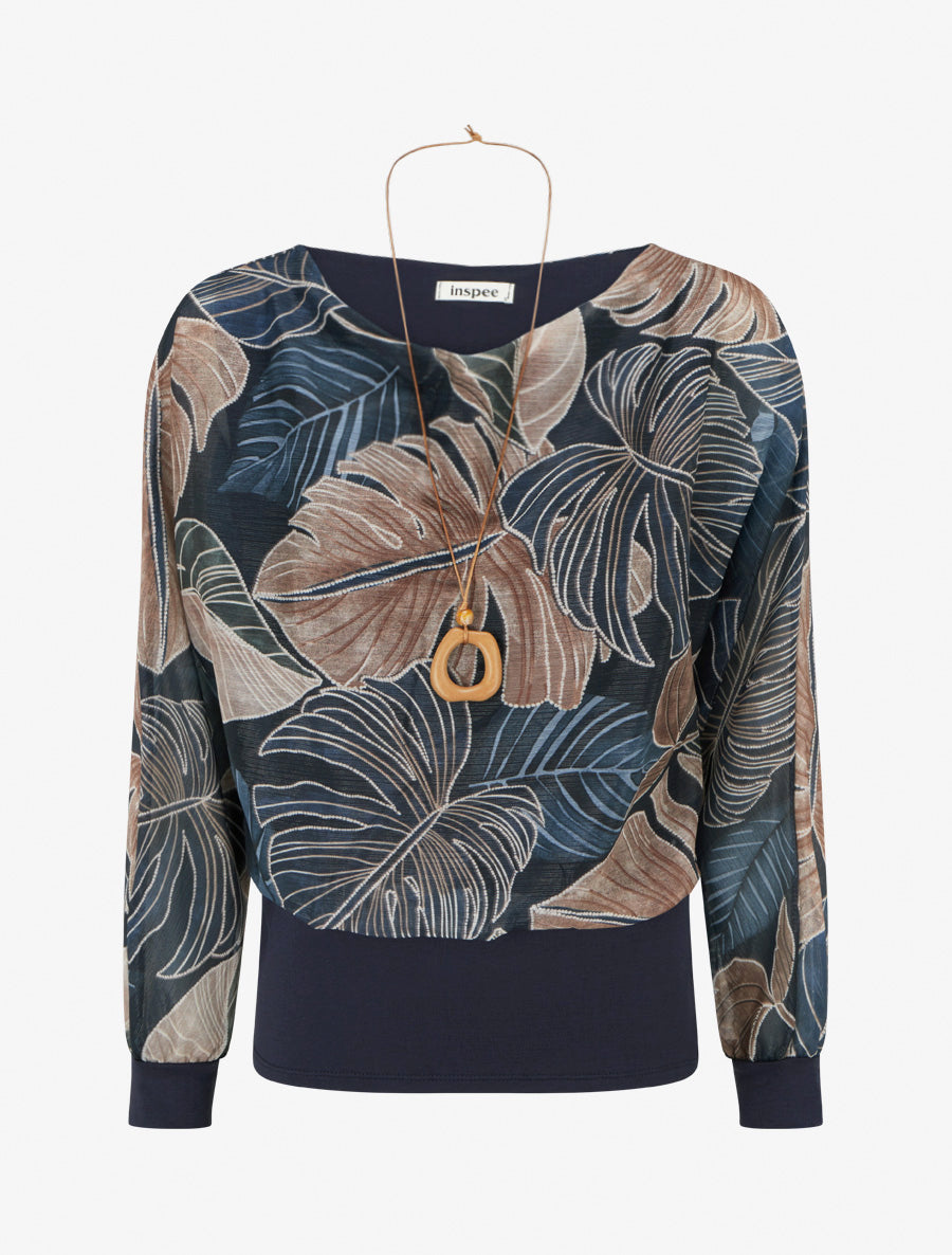 Transparentes Top mit Ballonschnitt und tropischem Print
