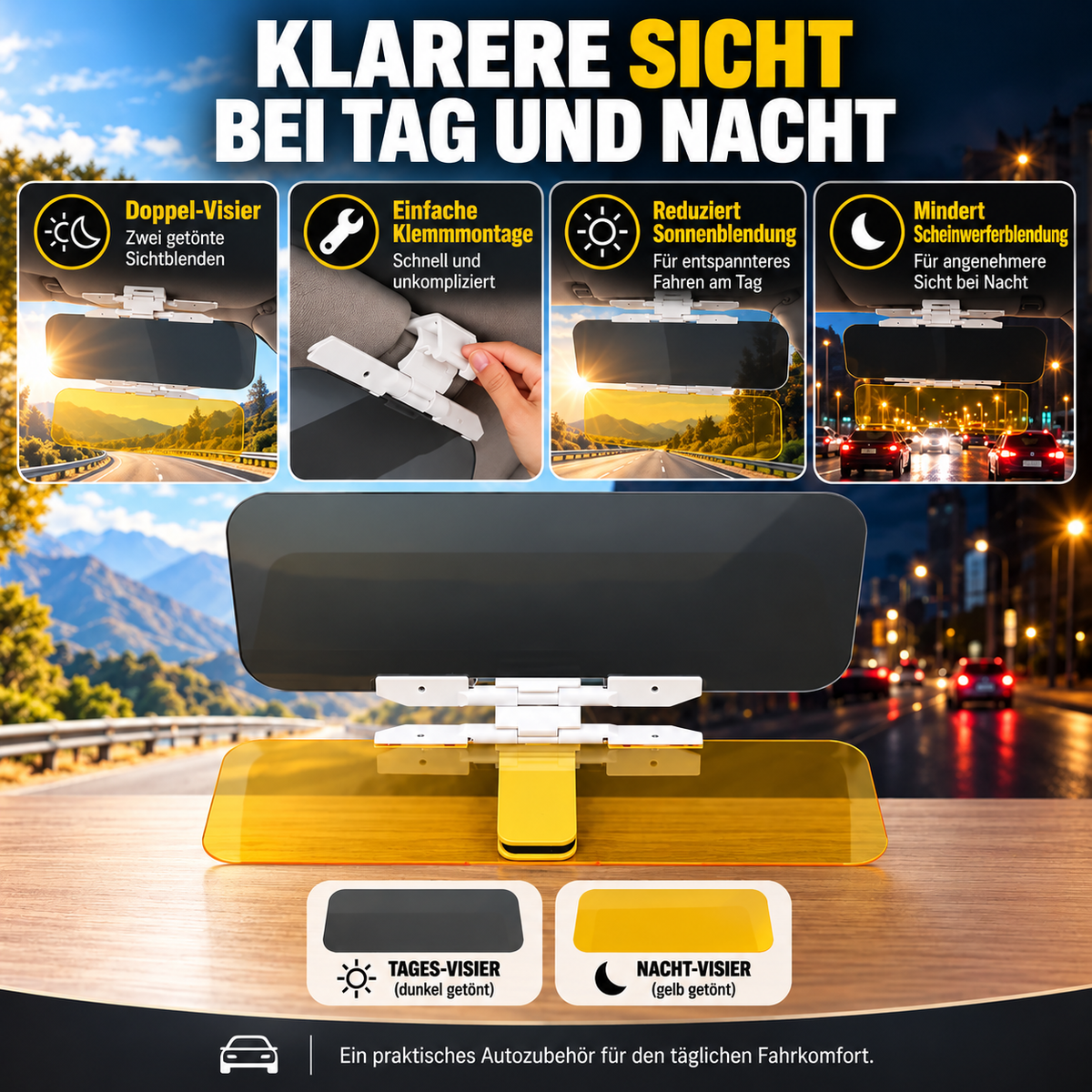 Universelle HD-Antiblend-Sonnenblende fürs Auto – Tag und Nacht