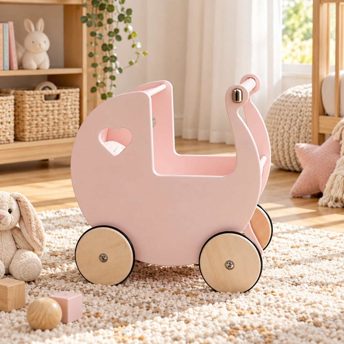 Hölzerner Puppenwagen-Lauflernwagen | 2-in-1 Birkenholz-Lauflernwagen und Puppenwagen – Rose
