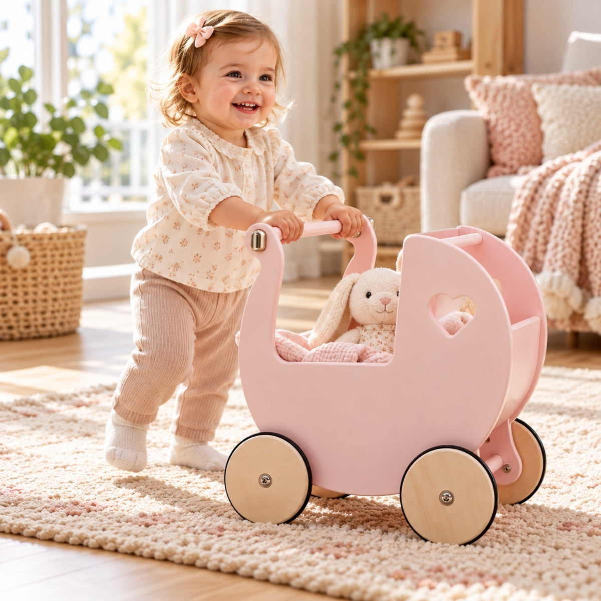Hölzerner Puppenwagen-Lauflernwagen | 2-in-1 Birkenholz-Lauflernwagen und Puppenwagen – Rose