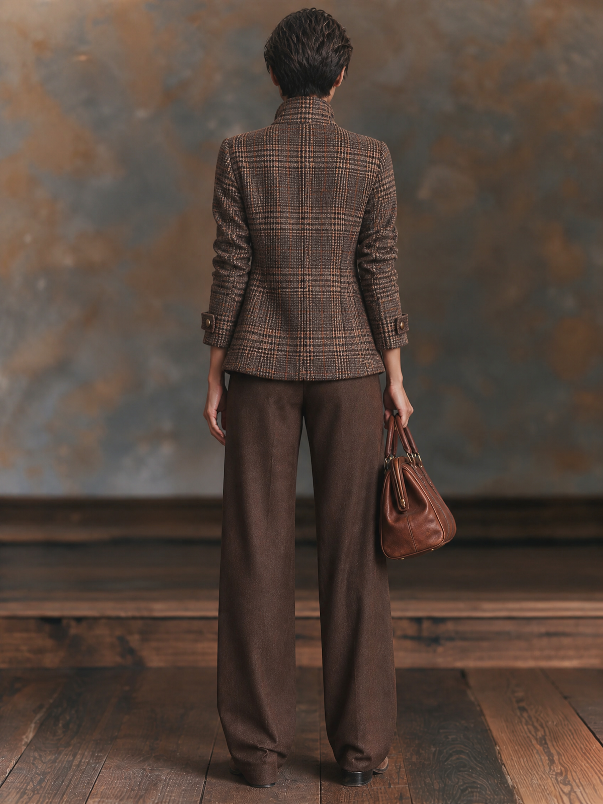 Damen Vintage Karierte Woll-Mix Jacke mit Reißverschluss und Stehkragen