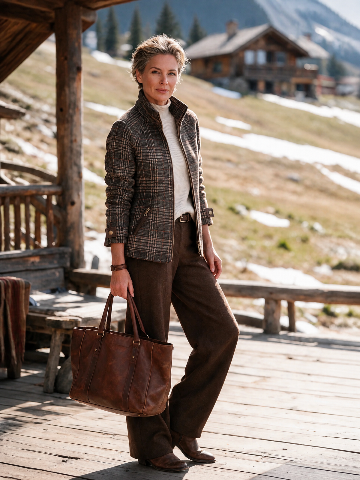 Damen Vintage Karierte Woll-Mix Jacke mit Reißverschluss und Stehkragen