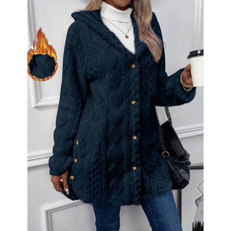 Damen Kapuzen Doppelseitige Fleece Strickjacke Langarm Lässig Warm Oberbekleidung