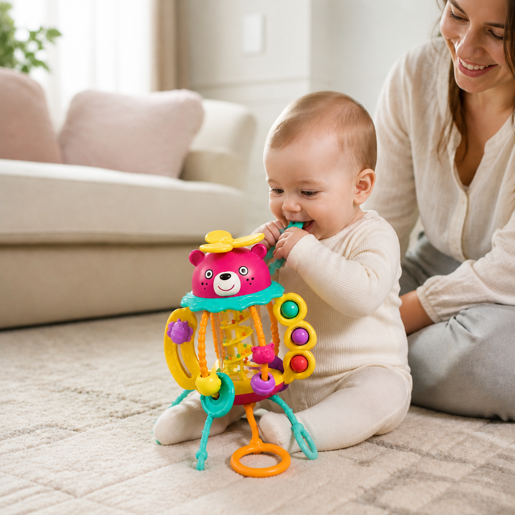 3-in-1 Multi-Sensorisches Zugschnur-Beißspielzeug mit Rassel & Regengeräuschen für Babys