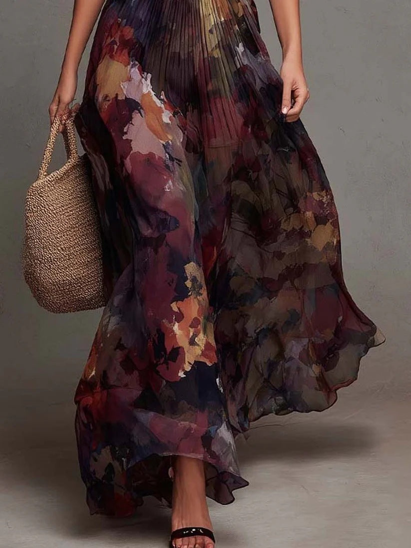 Maxikleid mit Aquarell-Blumendruck, plissiertem V-Ausschnitt
