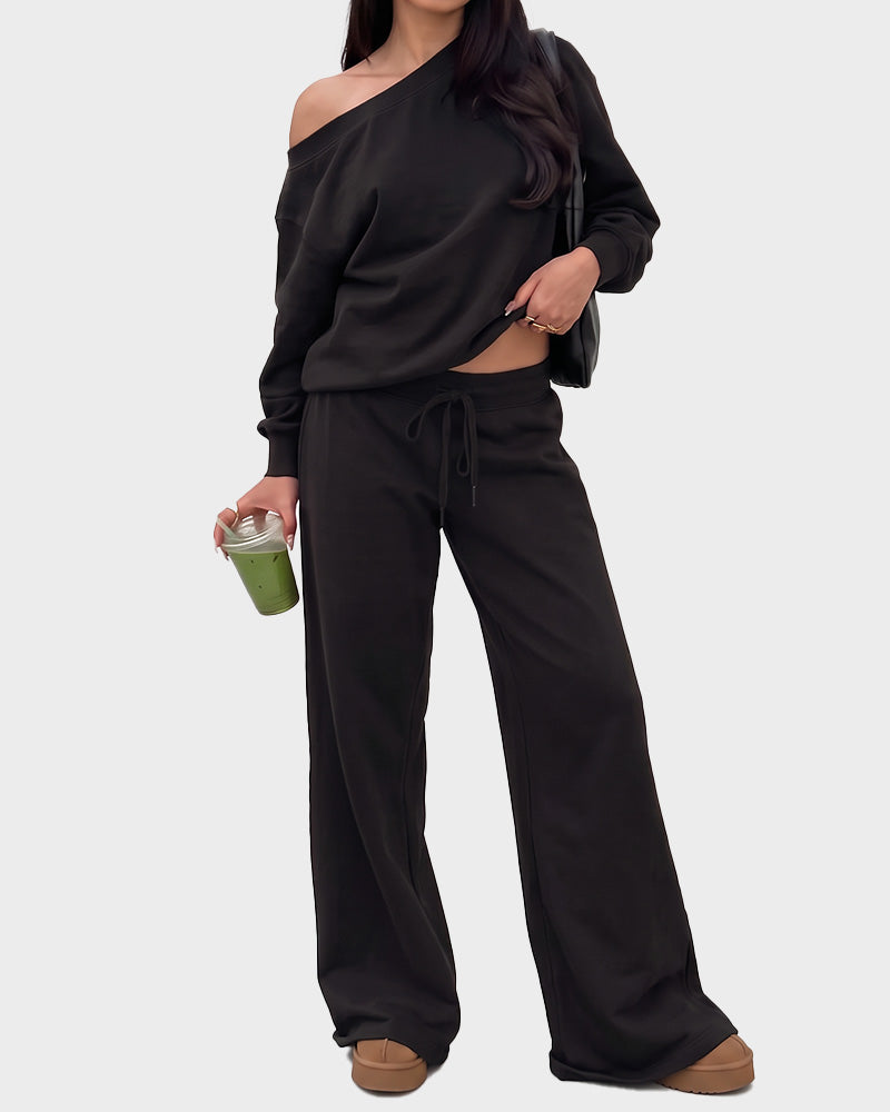 Off-Shoulder Wide-Leg 2-teiliges Sweatsuit