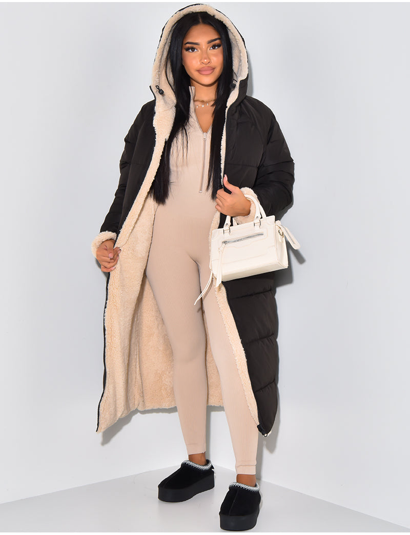 Wendbare Damen-Steppjacke mit Kapuze, lange Länge