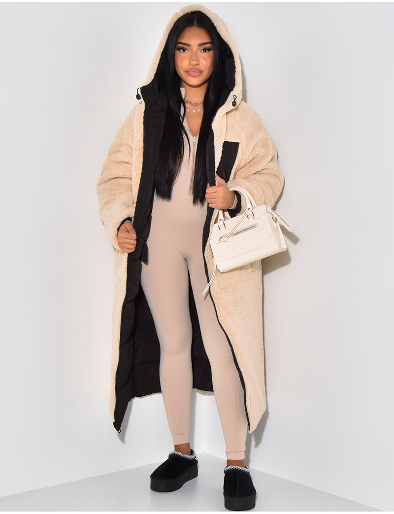 Wendbare Damen-Steppjacke mit Kapuze, lange Länge