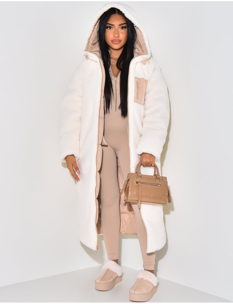 Wendbare Damen-Steppjacke mit Kapuze, lange Länge