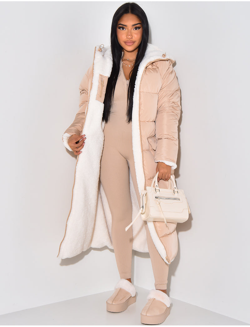 Wendbare Damen-Steppjacke mit Kapuze, lange Länge