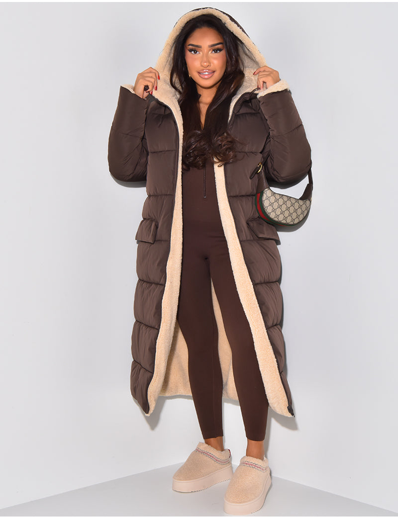 Wendbare Damen-Steppjacke mit Kapuze, lange Länge