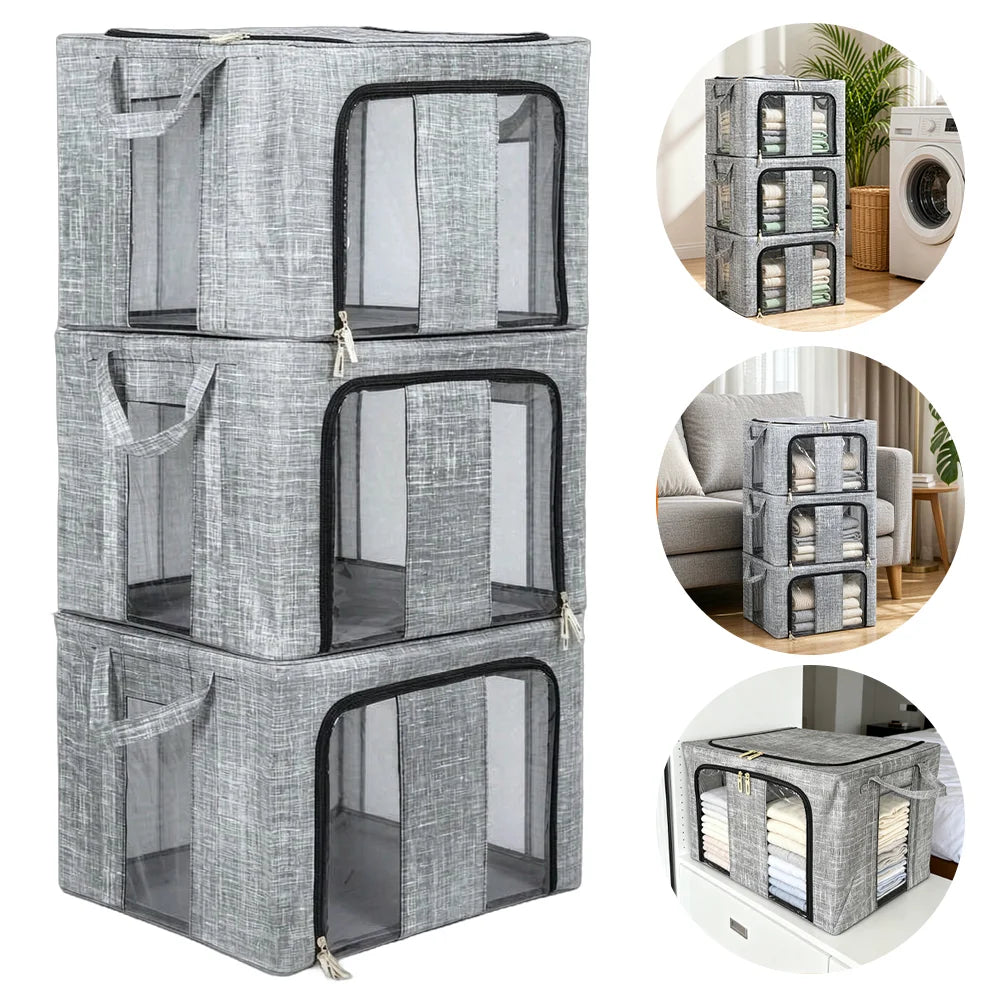 3/6er Pack 66L Große Aufbewahrungsbox für Kleidung mit Metallrahmen, Sichtfenster, Faltbare Boxen