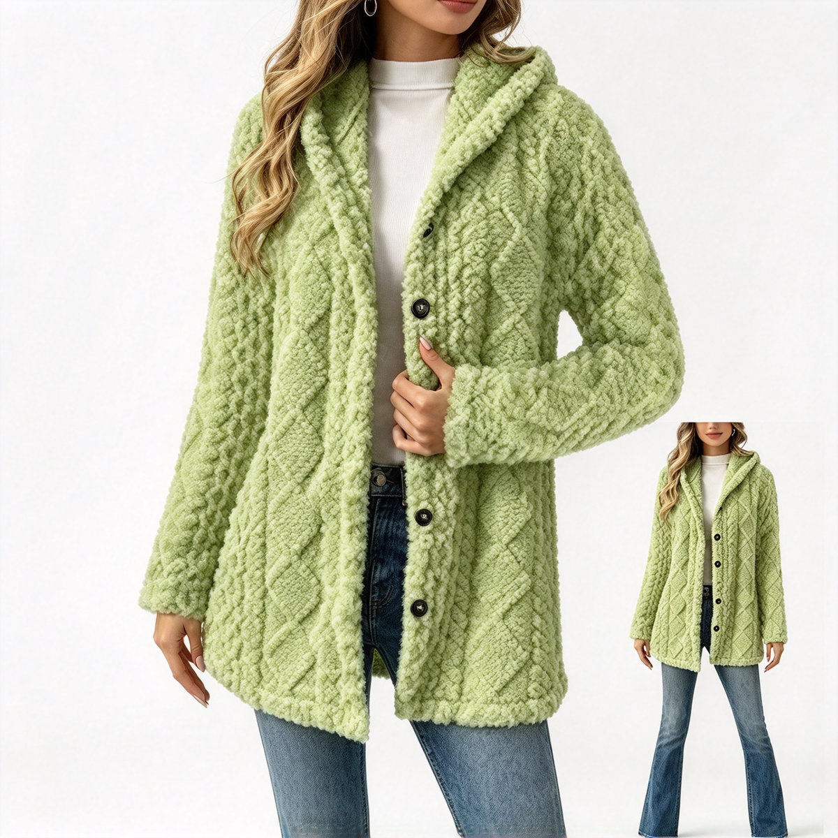 Damen Kapuzen Doppelseitige Fleece Strickjacke Langarm Lässig Warm Oberbekleidung