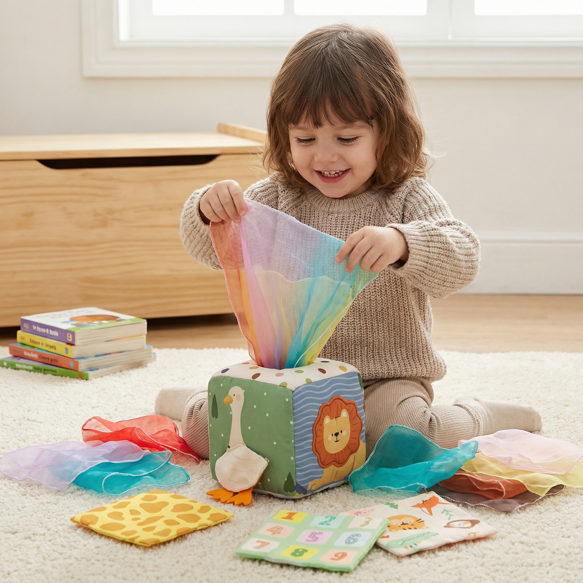 Montessori Baby Sensorik Taschentuchbox – Weiches Knister- und Berührungsaktivitätsspielzeug