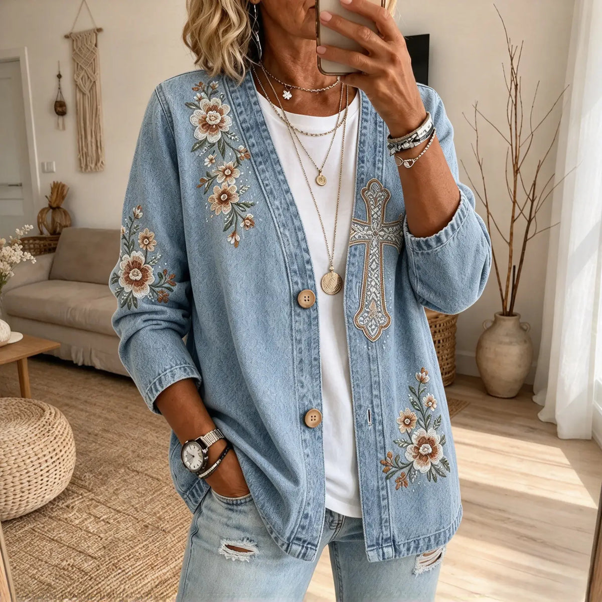 Kragenlose Cardigan in Soft-Denim-Optik mit Knopfleiste