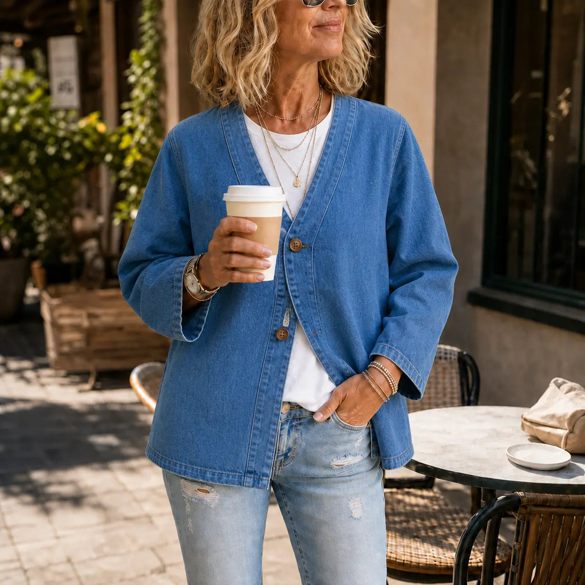 Kragenlose Cardigan in Soft-Denim-Optik mit Knopfleiste