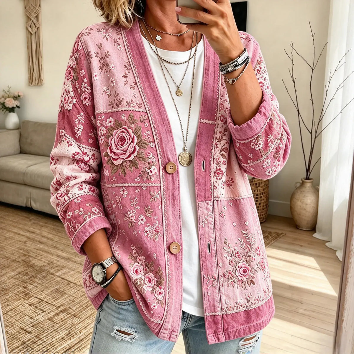 Kragenlose Cardigan in Soft-Denim-Optik mit Knopfleiste