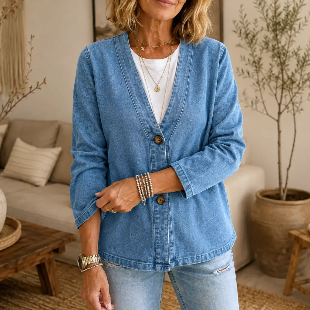 Kragenlose Cardigan in Soft-Denim-Optik mit Knopfleiste