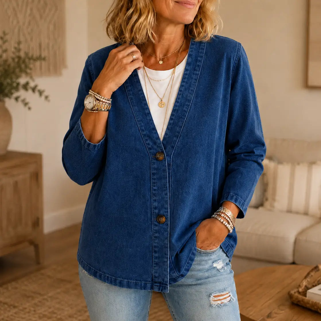 Kragenlose Cardigan in Soft-Denim-Optik mit Knopfleiste