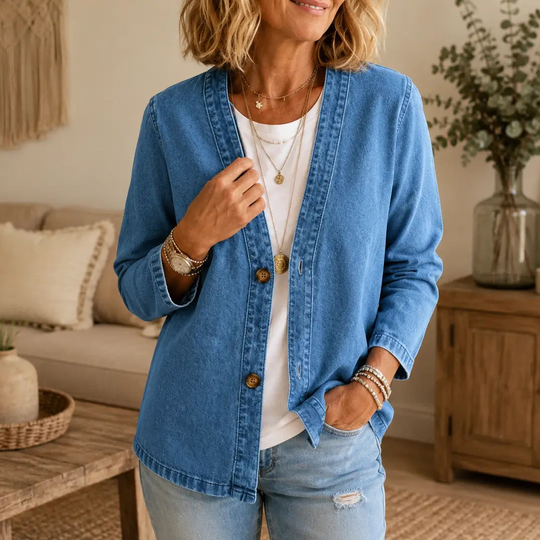 Kragenlose Cardigan in Soft-Denim-Optik mit Knopfleiste