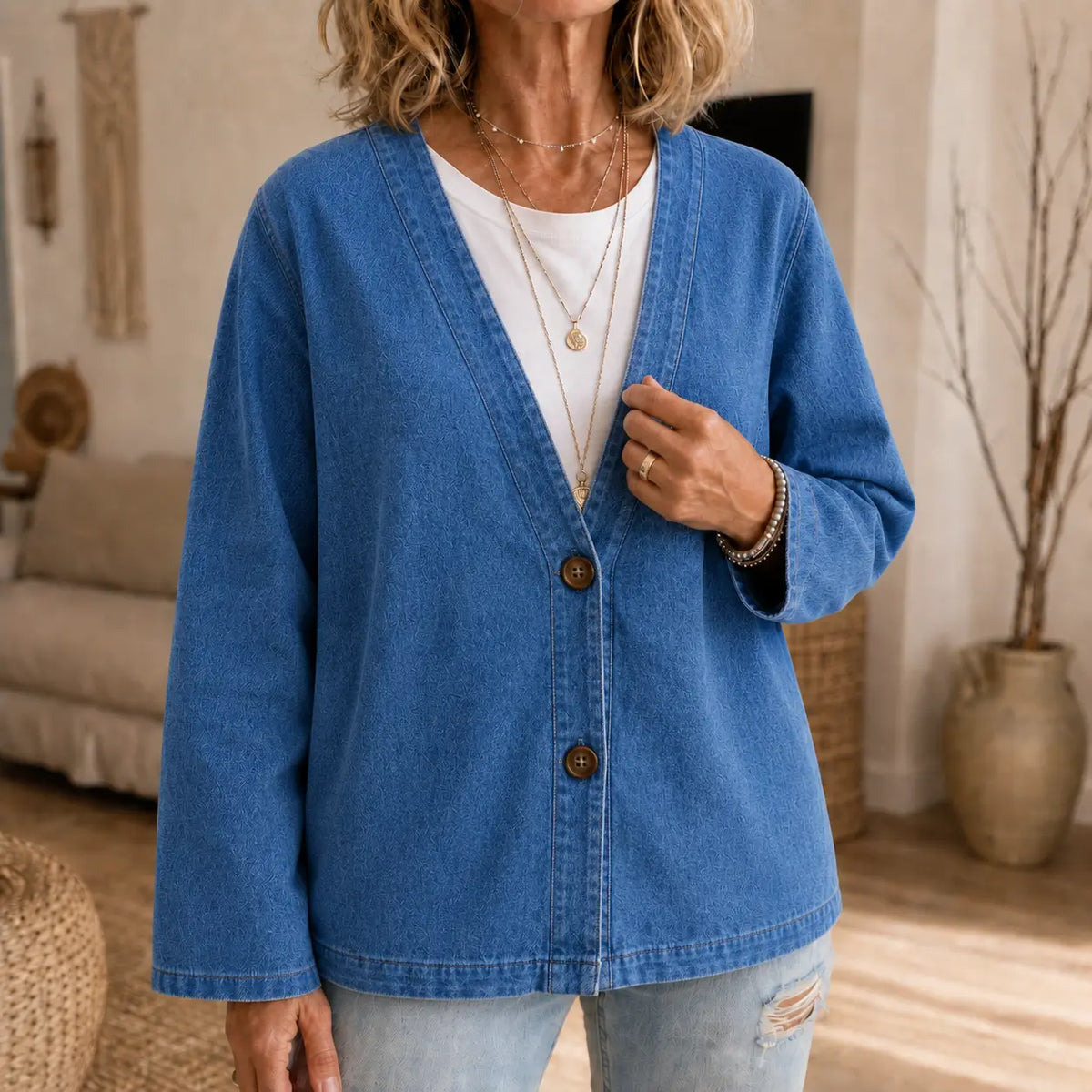 Kragenlose Cardigan in Soft-Denim-Optik mit Knopfleiste