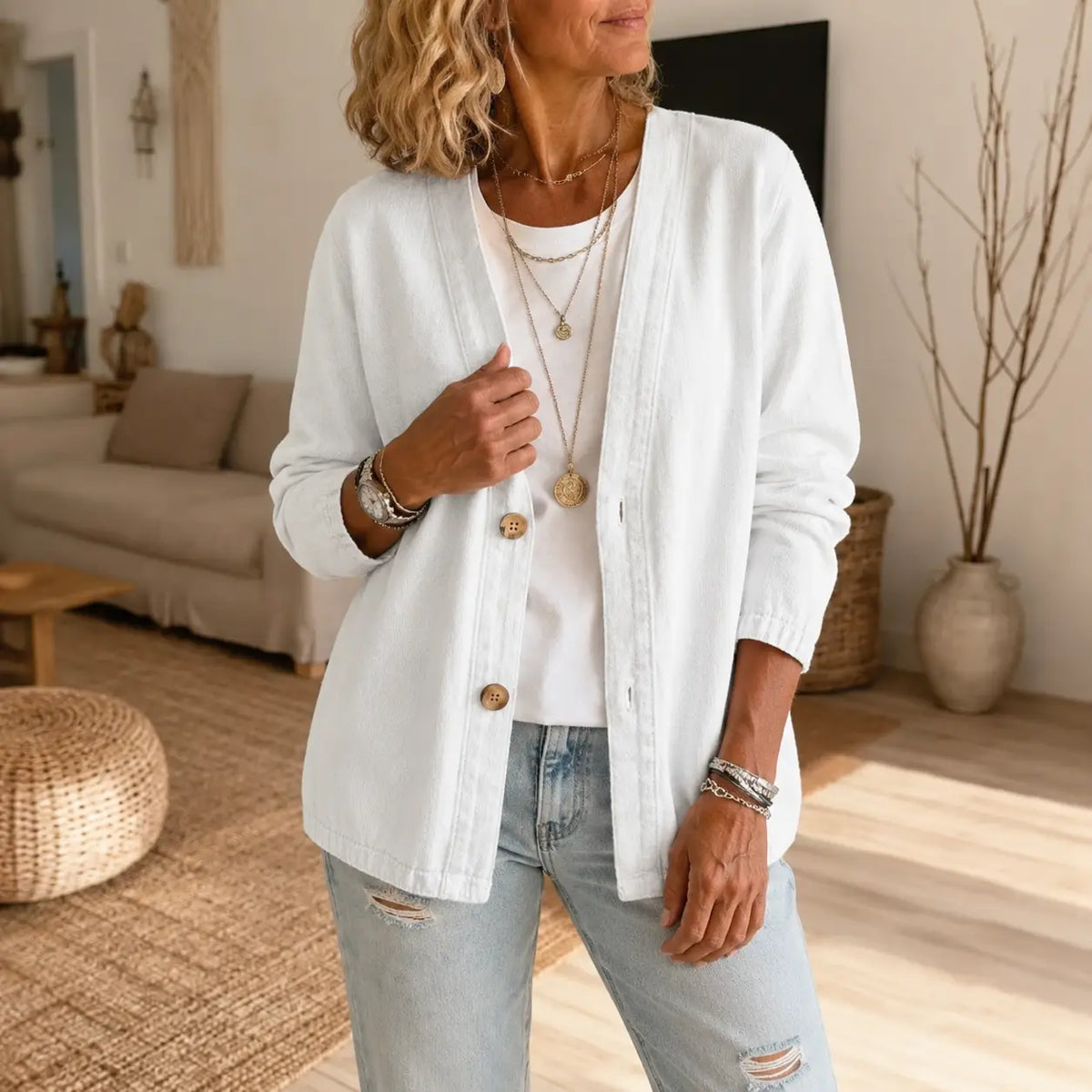Kragenlose Cardigan in Soft-Denim-Optik mit Knopfleiste
