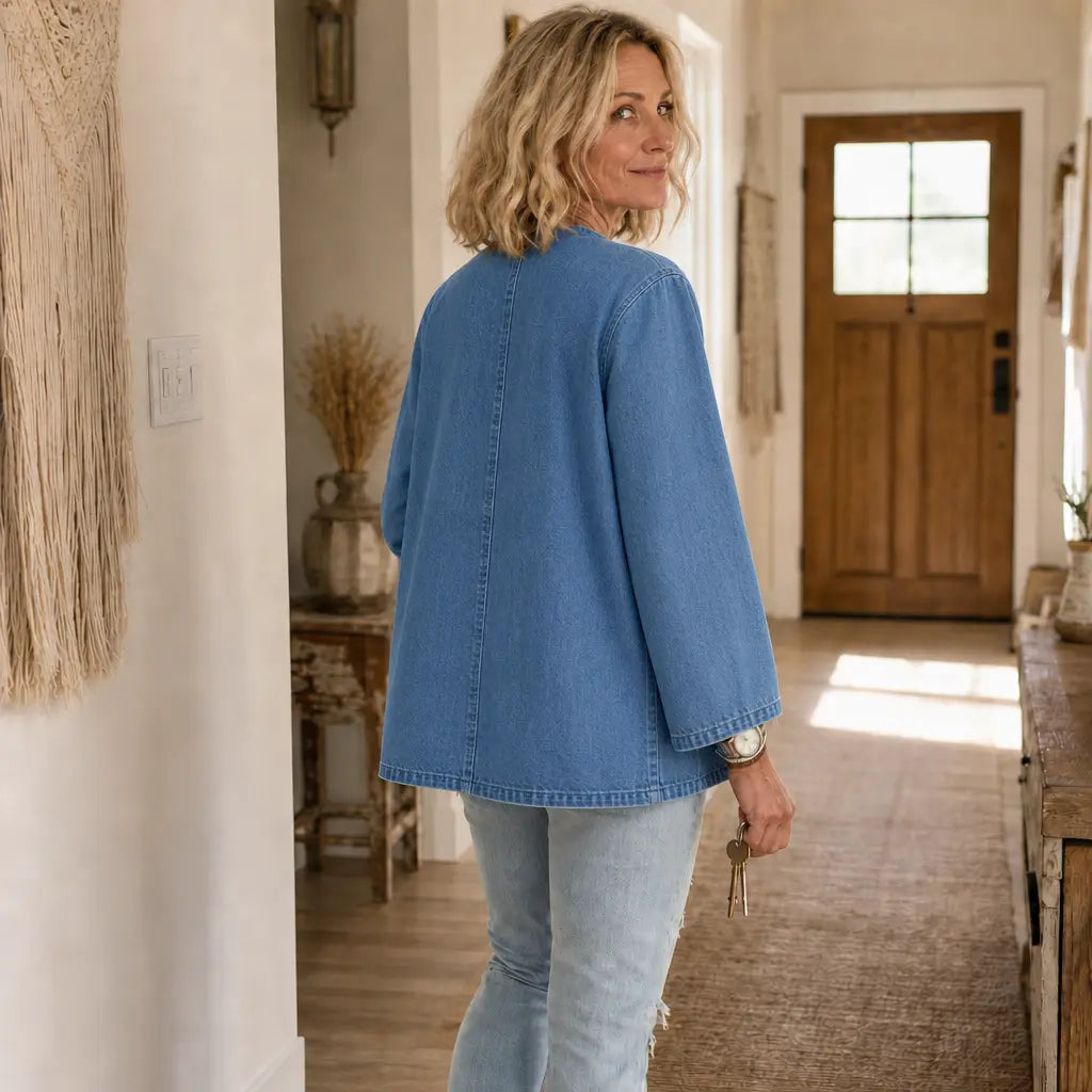 Kragenlose Cardigan in Soft-Denim-Optik mit Knopfleiste