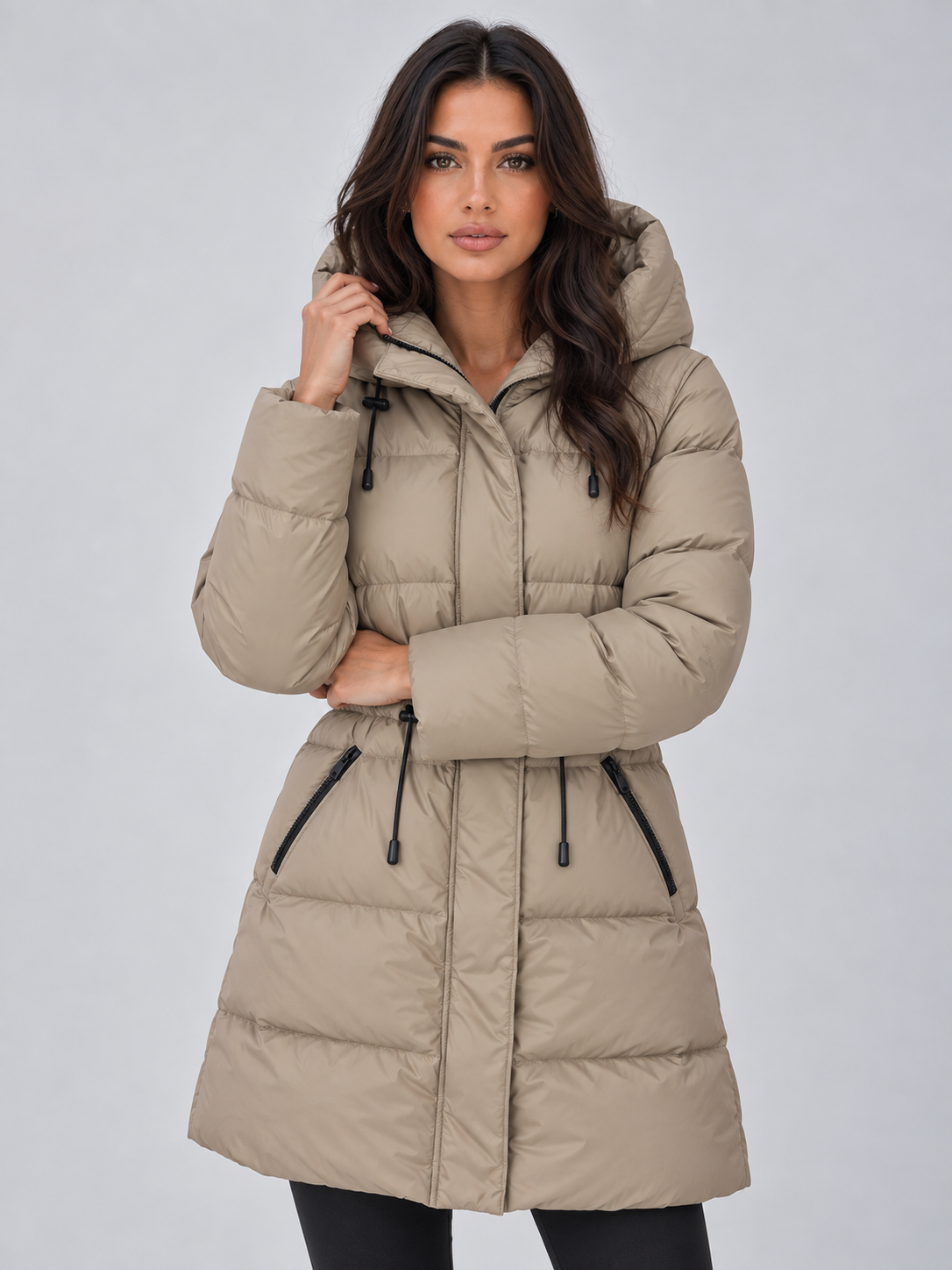 Langer Kapuzen-Puffermantel für Damen