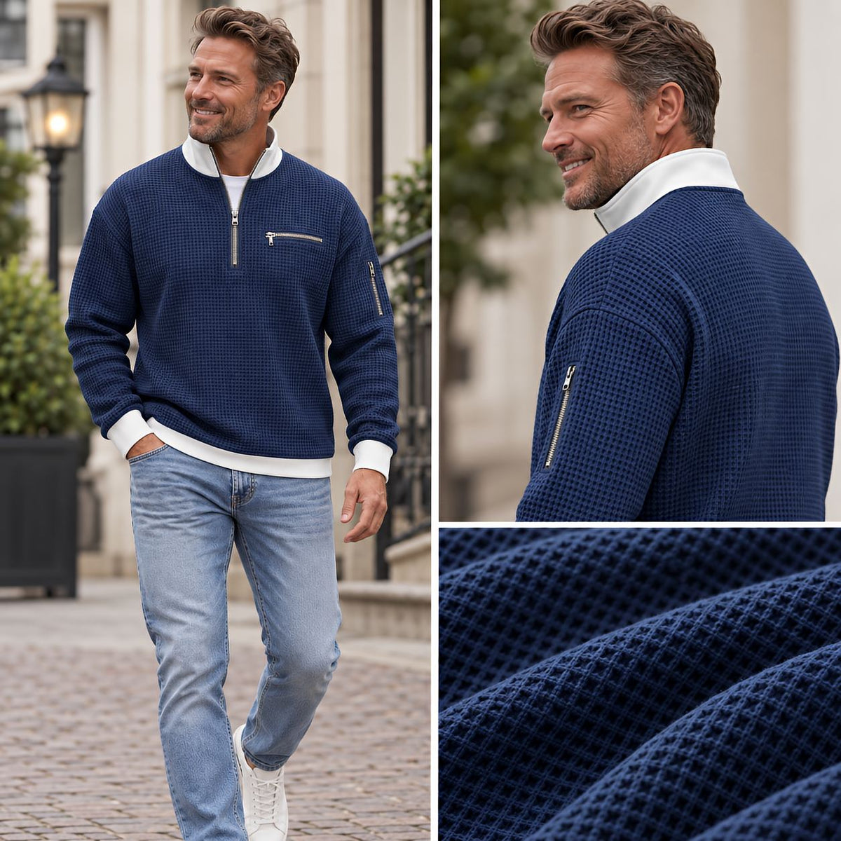 Pullover Herren | Waffelgestrickter Pullover mit halbem Reißverschluss