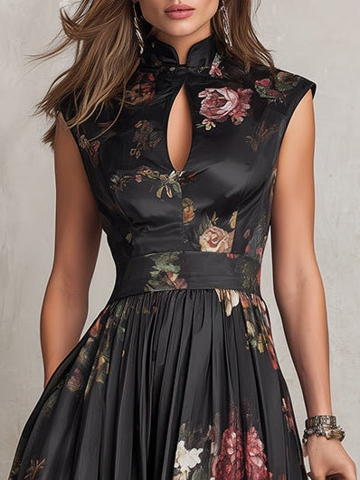 Schwarzes Midi-Kleid aus Satin mit Schlüssellochkragen und Blumen-Faltenrock