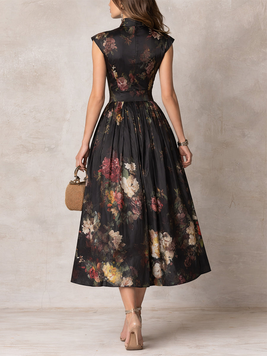 Schwarzes Midi-Kleid aus Satin mit Schlüssellochkragen und Blumen-Faltenrock
