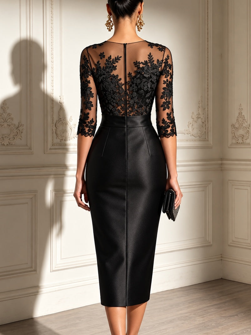 Schwarzes Spitzen-Tüll-Ärmel-Schleifen-Satin-Midikleid