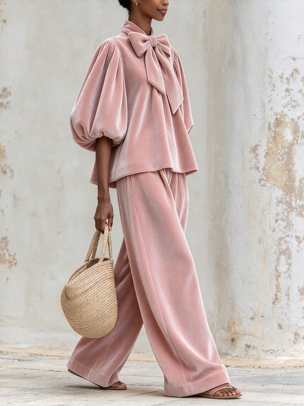 Blush Pink Top mit Schleifenkragen und Puffärmeln und Hose mit weitem Bein Zweiteiler-Set