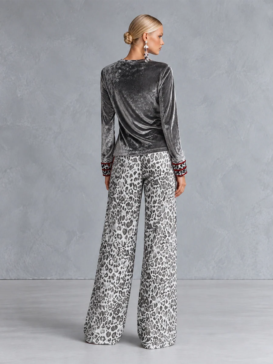 Silbernes Samt-Top & Leopardenmuster Weite Hose Set