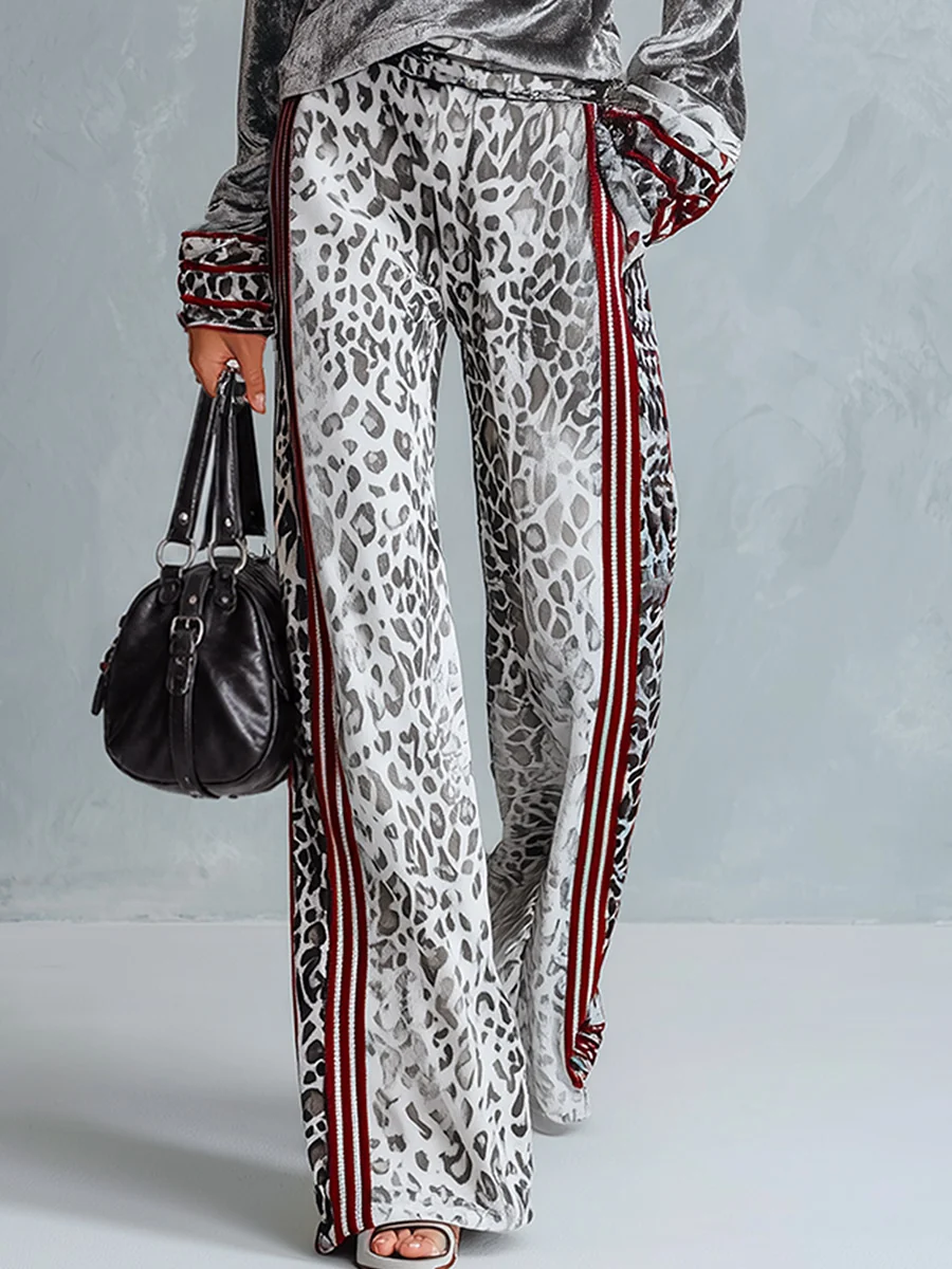 Silbernes Samt-Top & Leopardenmuster Weite Hose Set