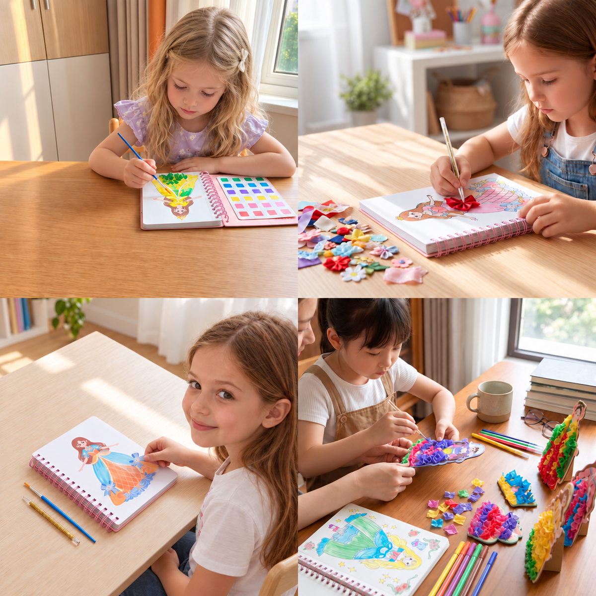4-in-1 Feen-Prinzessin Diamond Painting, Poke-In, Stickerei & Aquarell Bastelset für Kinder
