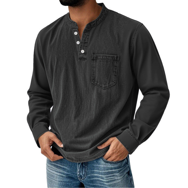 Herren-Jeanshemd mit langem Ärmel, V-Ausschnitt und Brusttasche