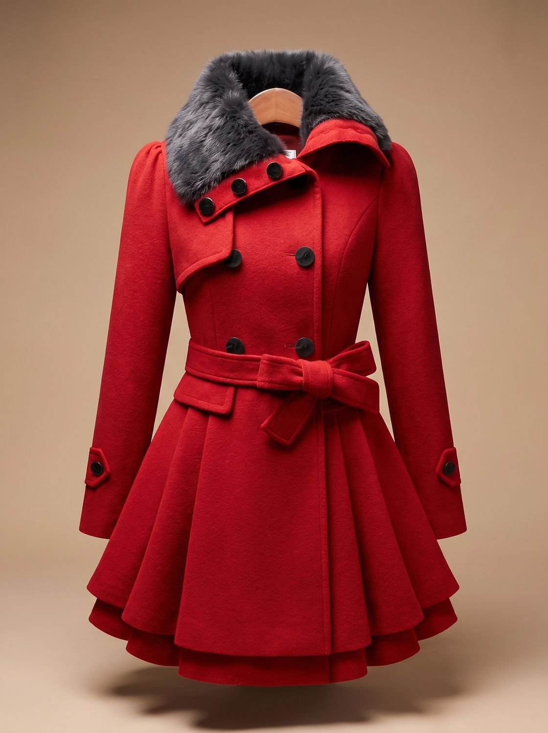Damen Peacoat Vintage Kunstfell-Kragen Taillierter Wintermantel