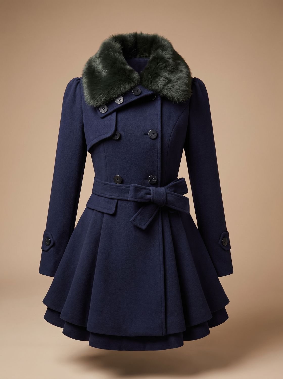 Damen Peacoat Vintage Kunstfell-Kragen Taillierter Wintermantel