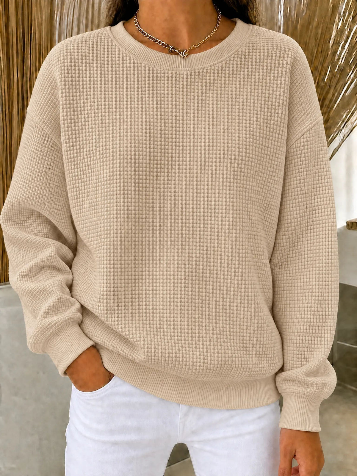 Damen Waffel-Strick Rundhals-Sweatshirt