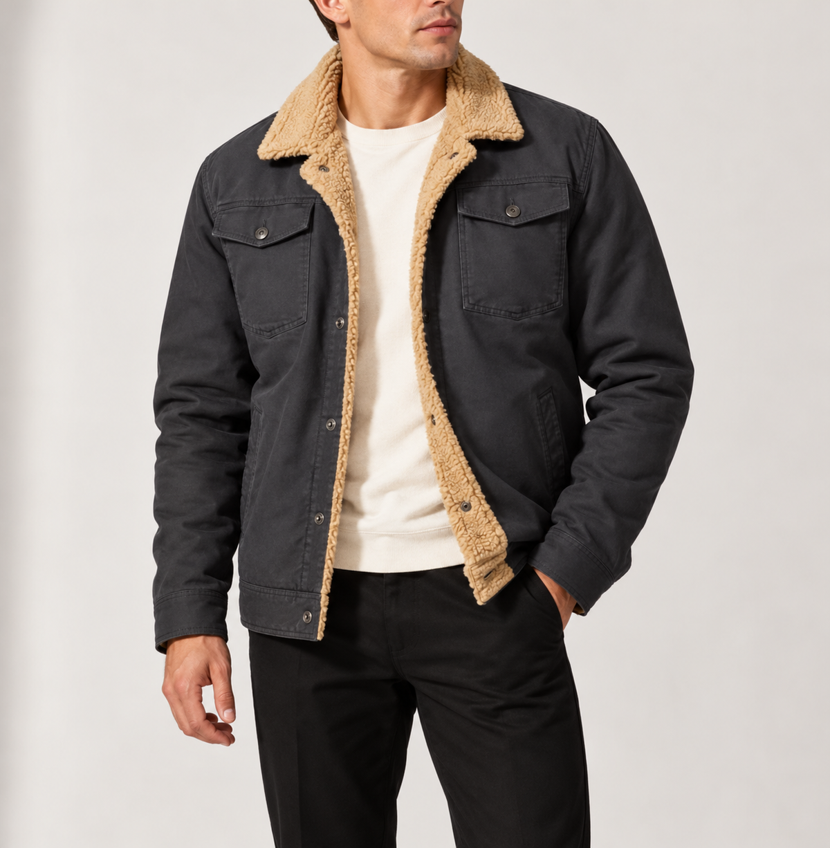 Herren-Truckerjacke mit Sherpa-Futter, Fleece-Kragen und Brusttaschen