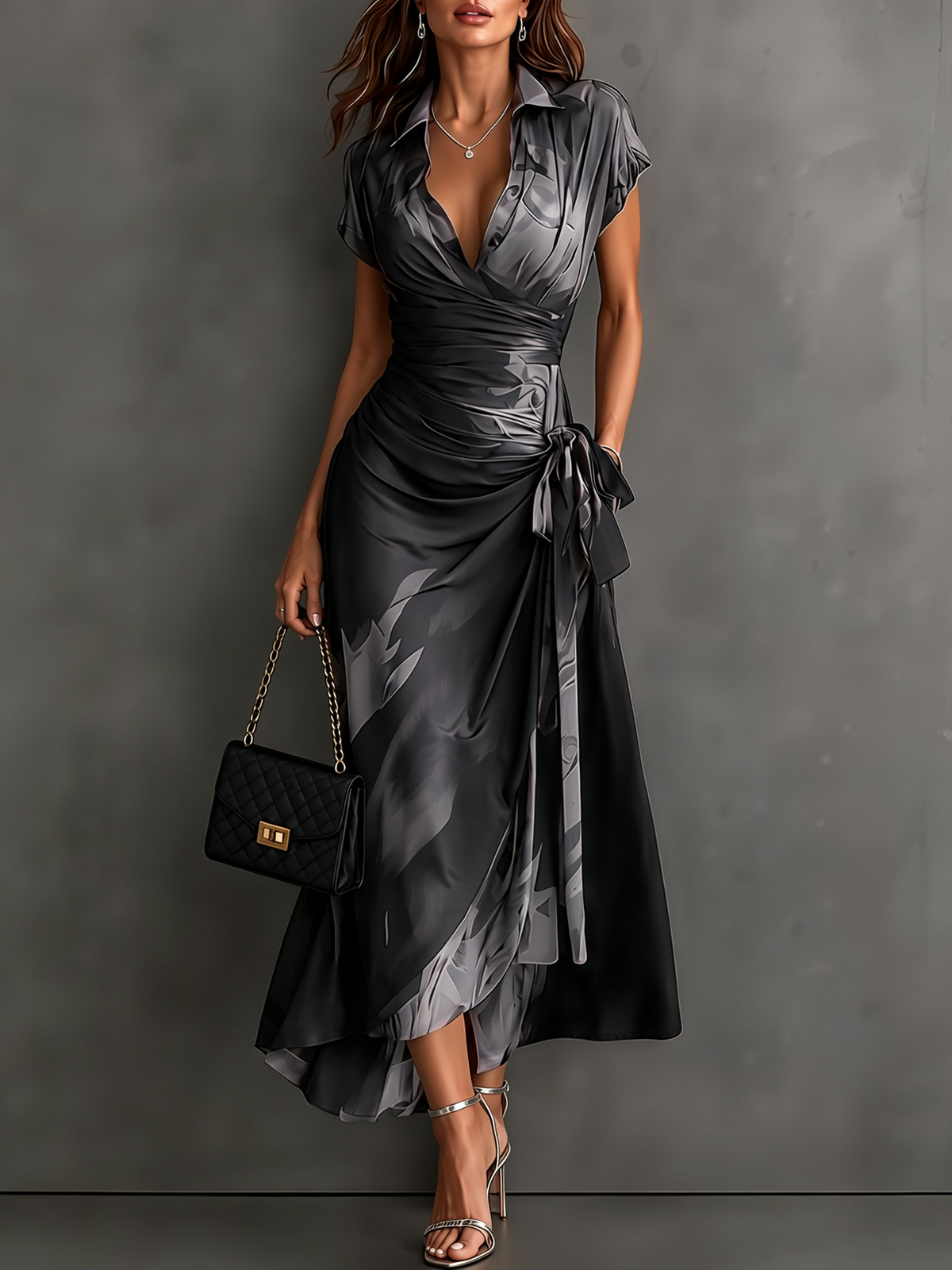 Braun Schwarz Abstraktes Print Wickel-Midikleid
