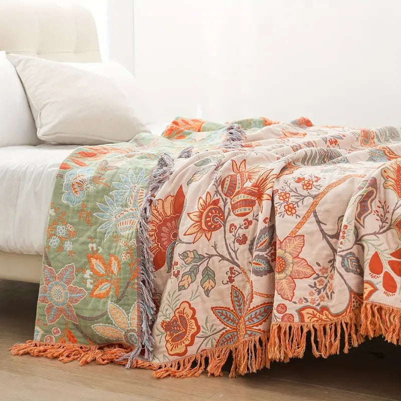 Rustikale florale Boho-Decke | 100% Baumwolle Blumendecke