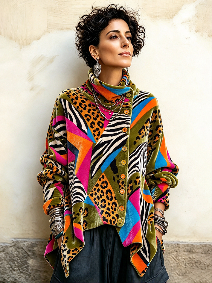 Gemütliches Bohemian Buntes Tierprint Samt-Top