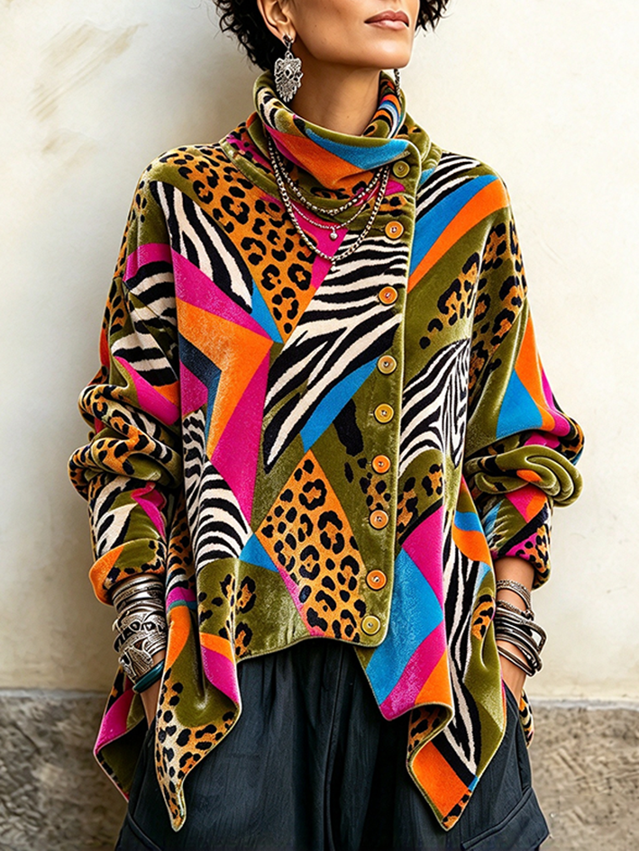Gemütliches Bohemian Buntes Tierprint Samt-Top