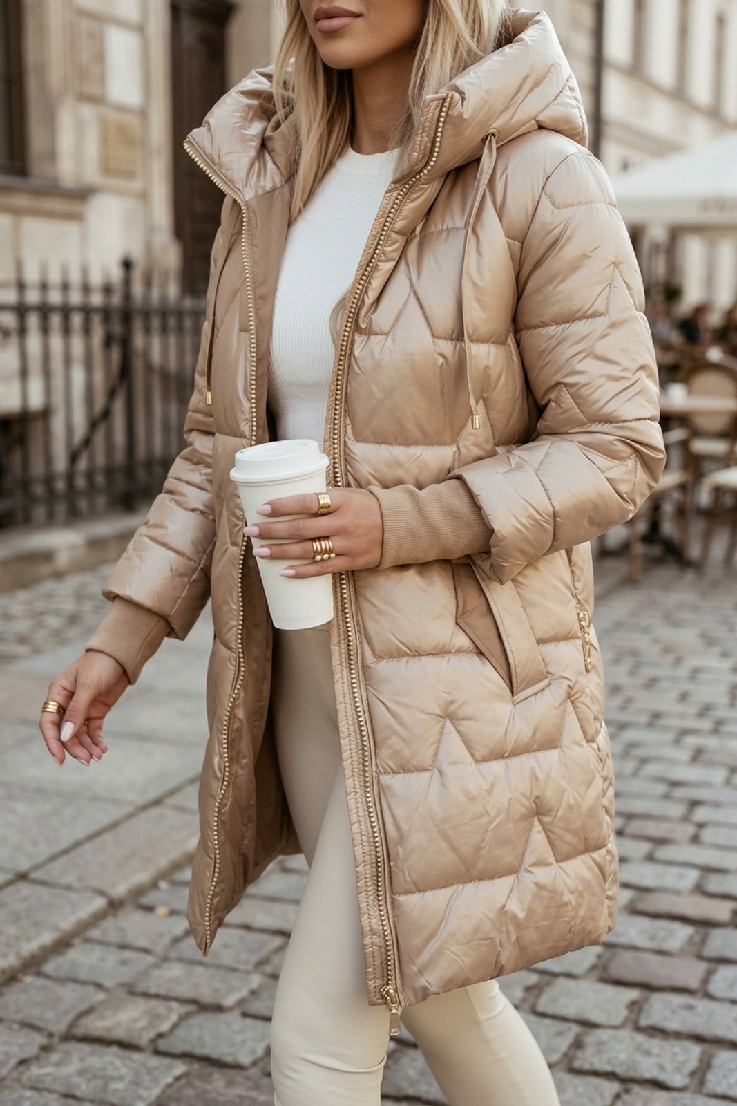 Gesteppte Langline Winter-Pufferjacke mit Kapuze