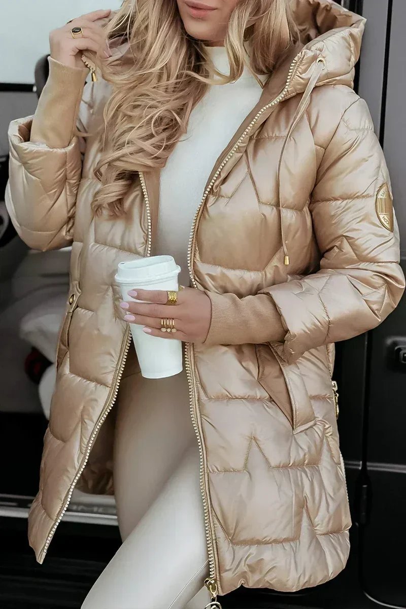 Gesteppte Langline Winter-Pufferjacke mit Kapuze
