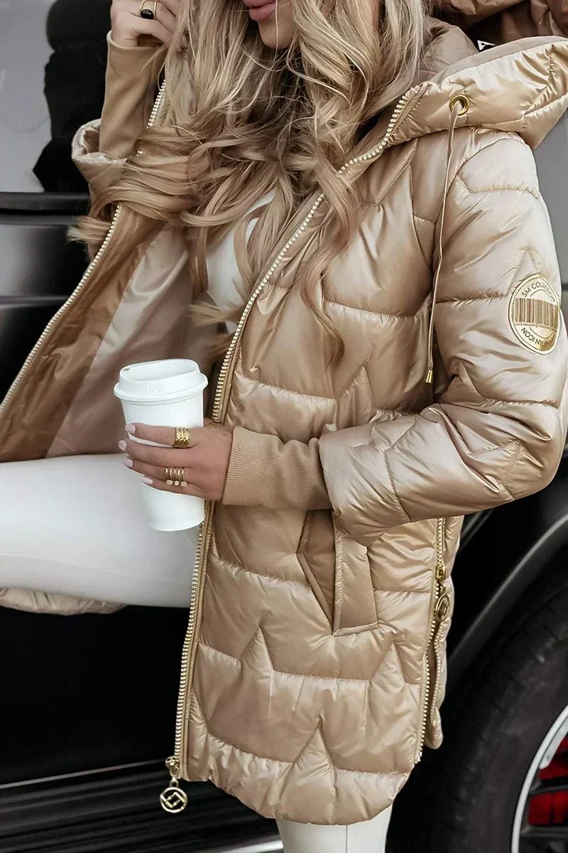 Gesteppte Langline Winter-Pufferjacke mit Kapuze