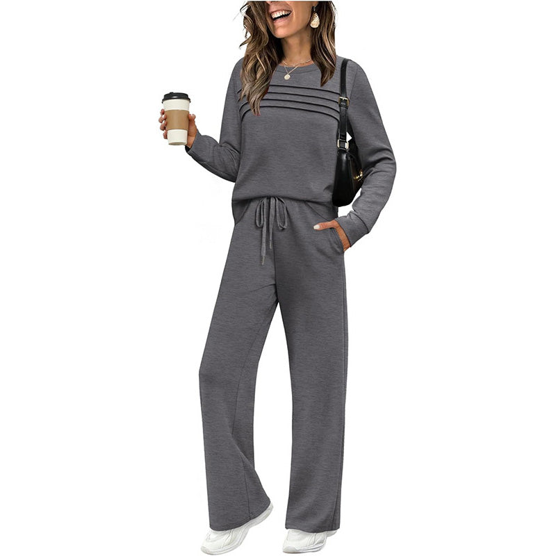 Bequemes und stilvolles Damen-Set – Rundhals-Shirt + Kordelzughose