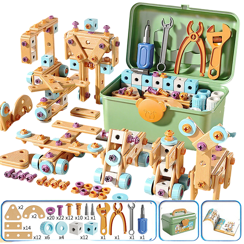 Kinder-Spielzeugwerkzeugset mit Zwei-Wege-Bohrmaschine, Aufbewahrungsbox und kreativen Baumöglichkeiten
